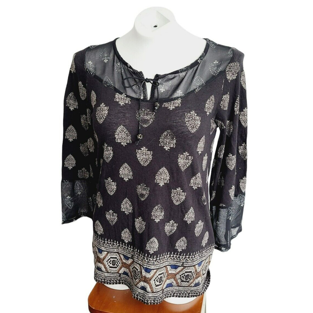 Lucky Brand Womens Small Gray Block Print Mesh Yoke Tie Neck Blouse Top